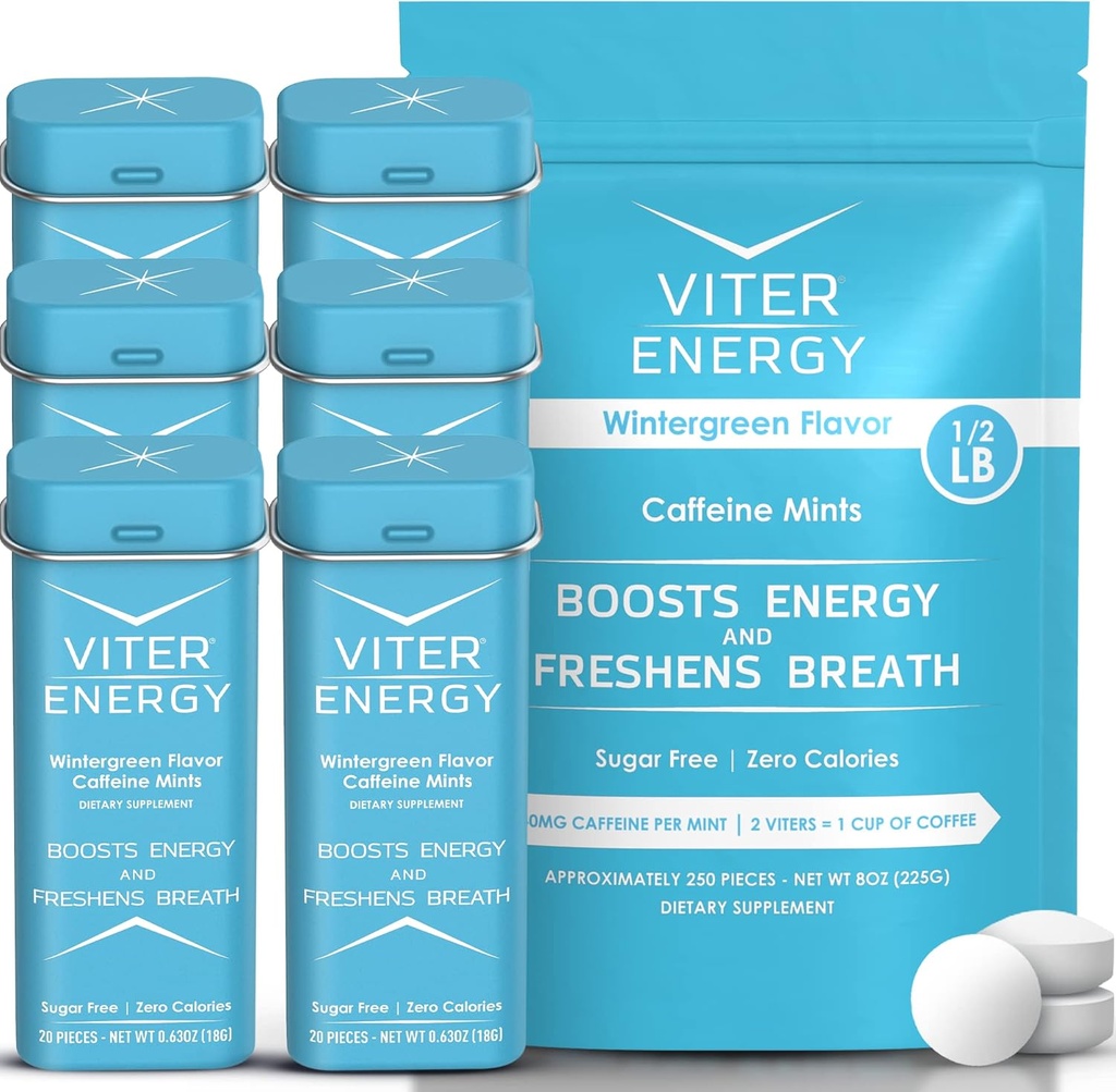 Viter Energy Original Caffeine Mints Wintergreen Flavor 6 Pack och 1/2 Pound Bulk Bag Bundle - 40mg Koffein, B Vitaminer, Sugar Free, Vegan, Kraftfull energi Booster för Fokus och Alertness