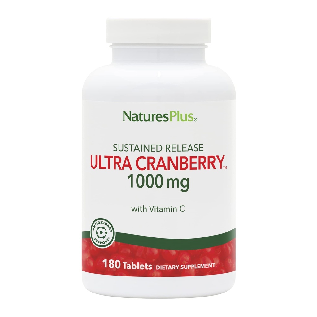 Natures Plus Ultra Cranberry 1000, Sustained Release - 1000 mg - Natural Cranberry med vitamin C - främjar urinvägshälsa - 180 vegetariska tabletter (90 portioner)