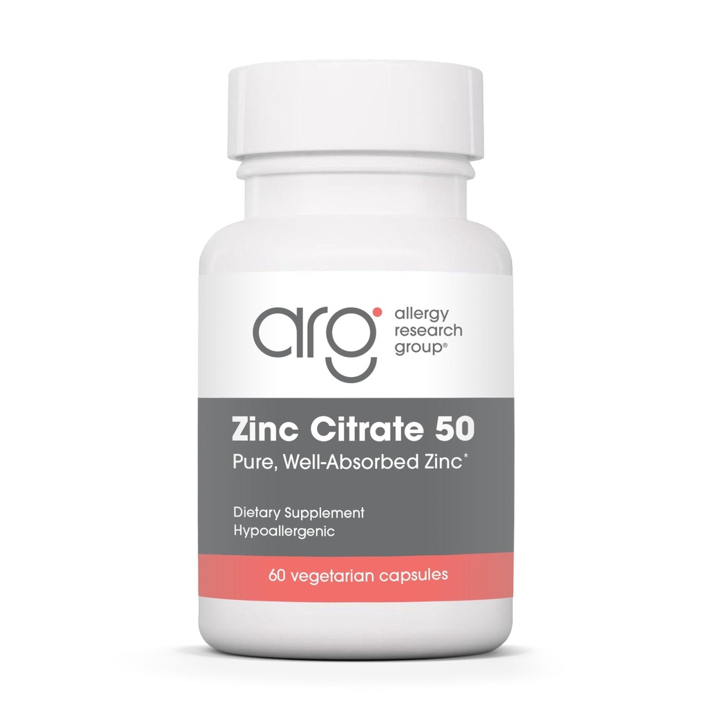 Allergy Research Group Zinc Citrate Supplement - Zink för män och kvinnor, Immune Support, Pure, Well-Absorbed, Well-Tolerated, Trace Mineral, 50mg Vegetarian Capsules - 60 Count