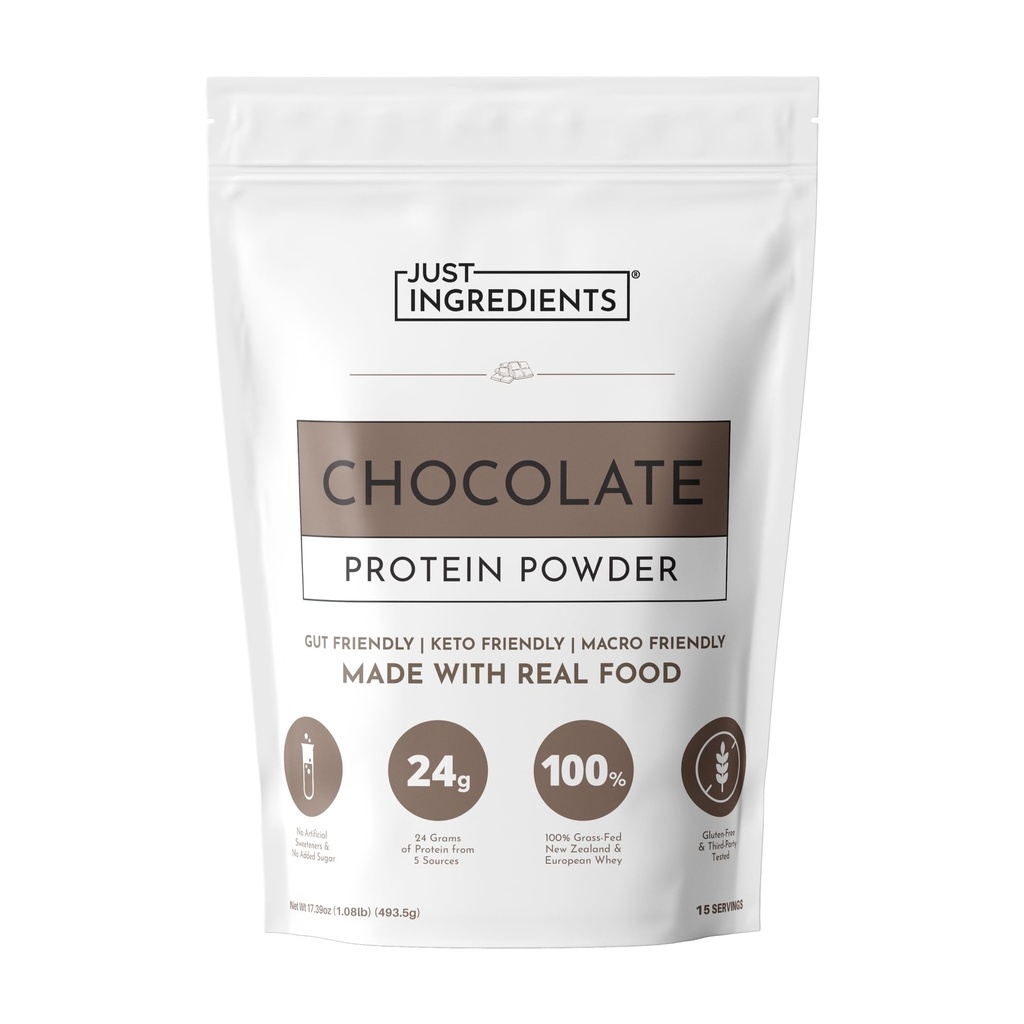 JUST INGREDIENTS Protein Powder | 15 portioner | 24g Protein | Chocolate Flavor Made med 100% Grass-Fed, Non-Denatured Whey | Fem olika källor från organiska Whole Food Ingredients