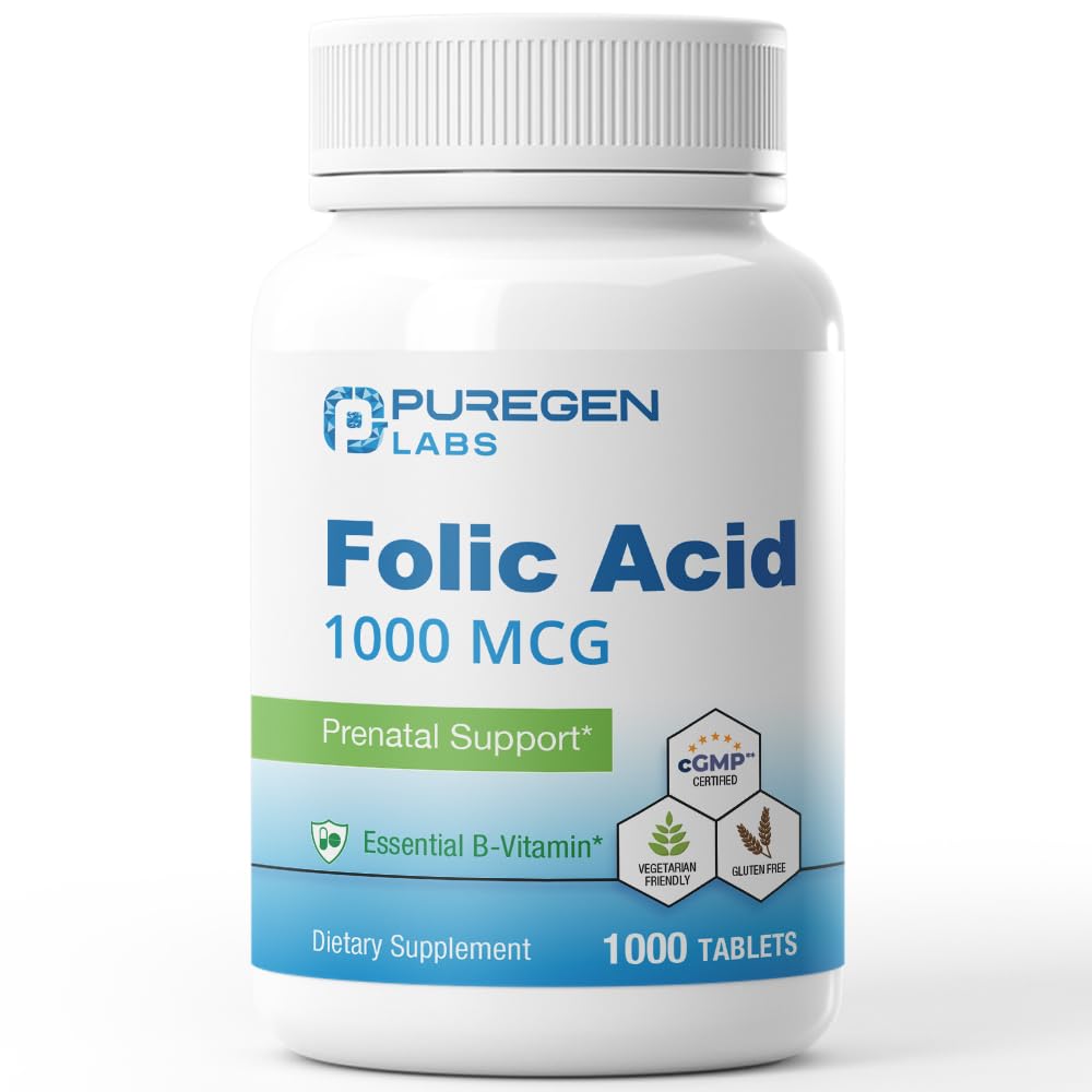 Puregen Labs Folic Acid 1000 mcg tabletter | Vitamin B9 | Non-GMO | Gluten Free | Made in USA | Värdestorlek 1000 tabletter