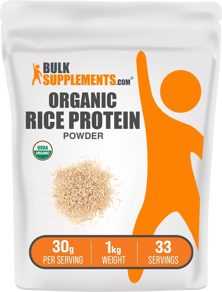 BulkSupplements.com Organic Rice Protein Powder - Vegan Plant Protein, Unflavored - Vegan & Gluten Free, 30g per Servering, 1kg (2,2 lbs) (Pack av 1)