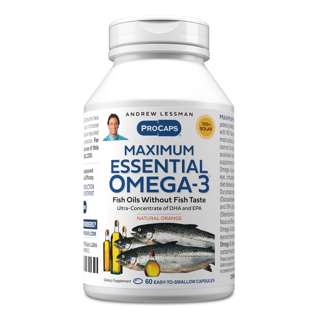 ANDREW LESSMAN Maximum Essential Omega-3 Orange - 60 Softgels - Ultra-Pure, High Potency Omega-3 Oljor. Hög DHA, ingen mage upprörd, inga föroreningar, ingen kvicksilver. Liten lätt att svälja Softgels