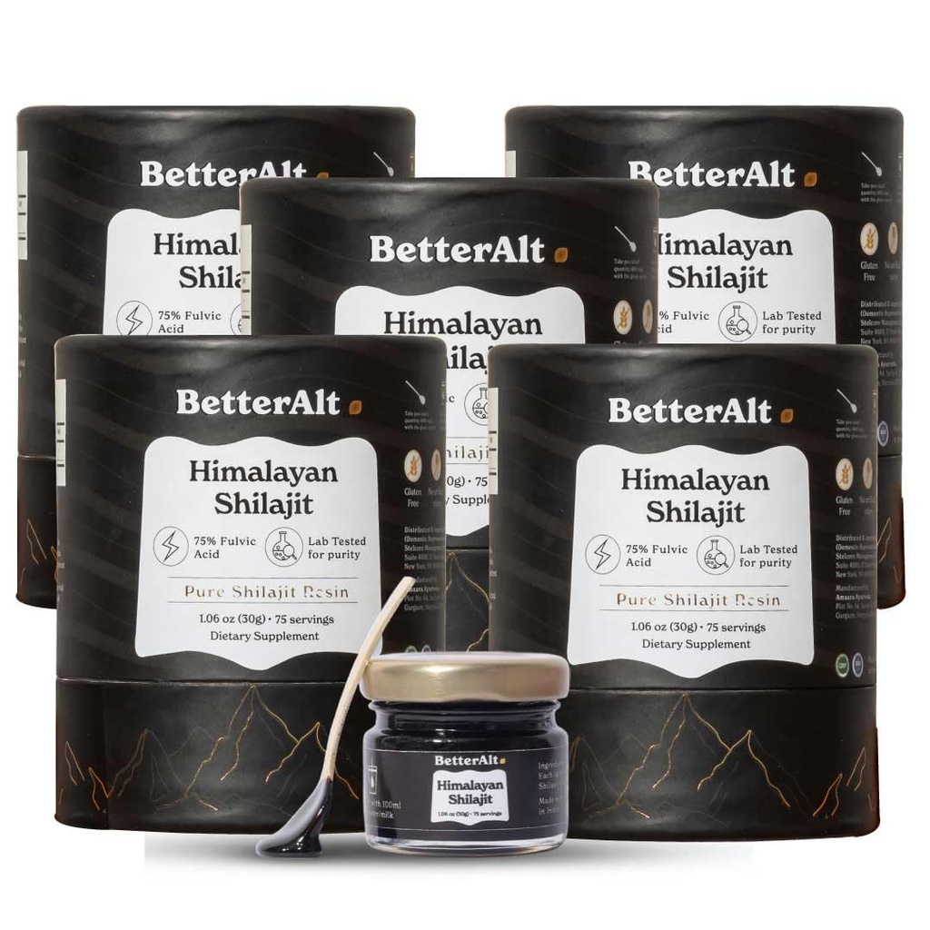 Bättre Alt Pure Himalayan Shilajit Resin Pack med 5 High Potency Gold Grade 375 portioner för energiökning och immunstöd, 85+ Spårmineraler, 75% + Fulvic Acid, med Lab Test Report, 400 mg