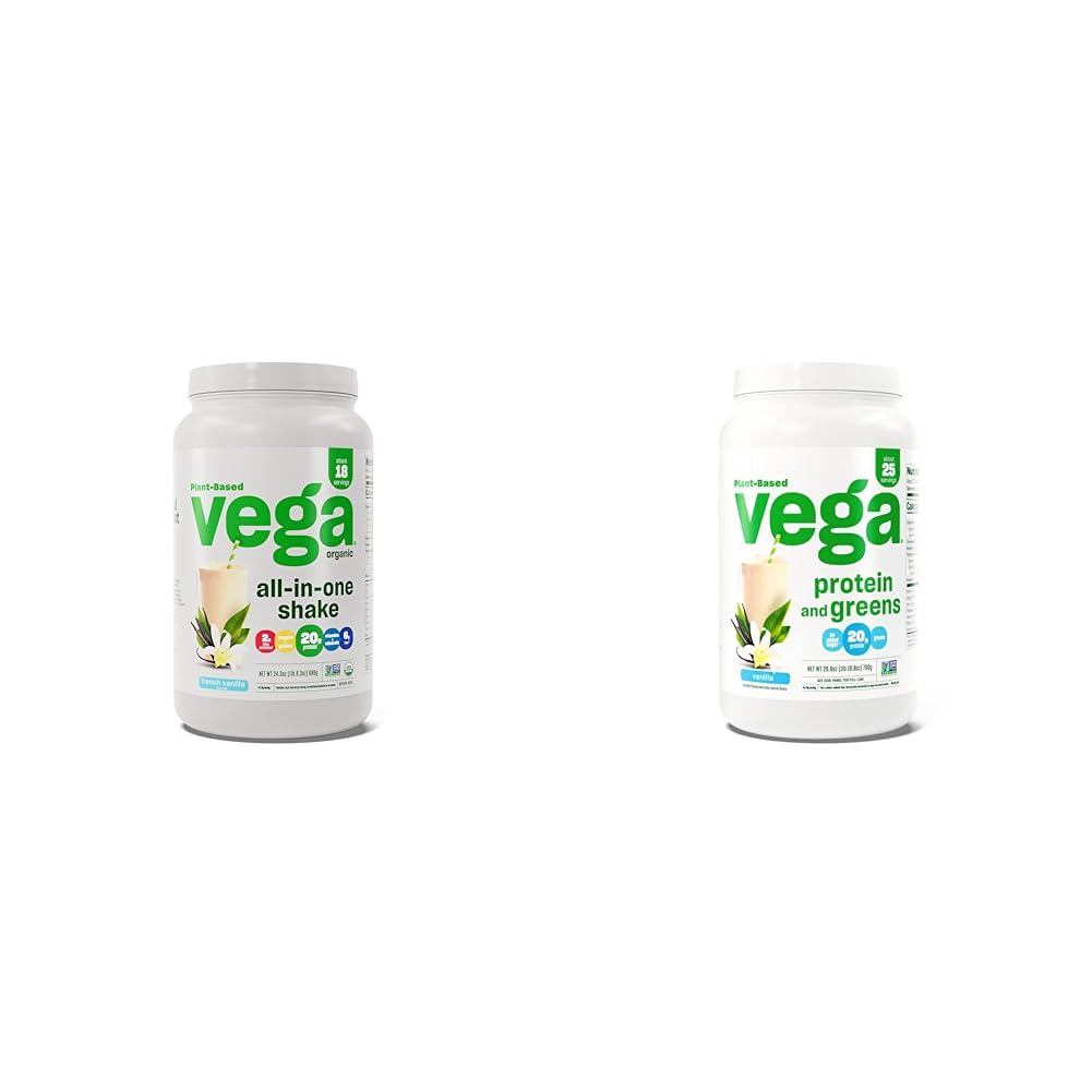 Vega Organic All-in-One Vegan Protein Powder & Protein och Greens Protein Powder, Vanilla - 20g Plant Based Protein Plus Veggies