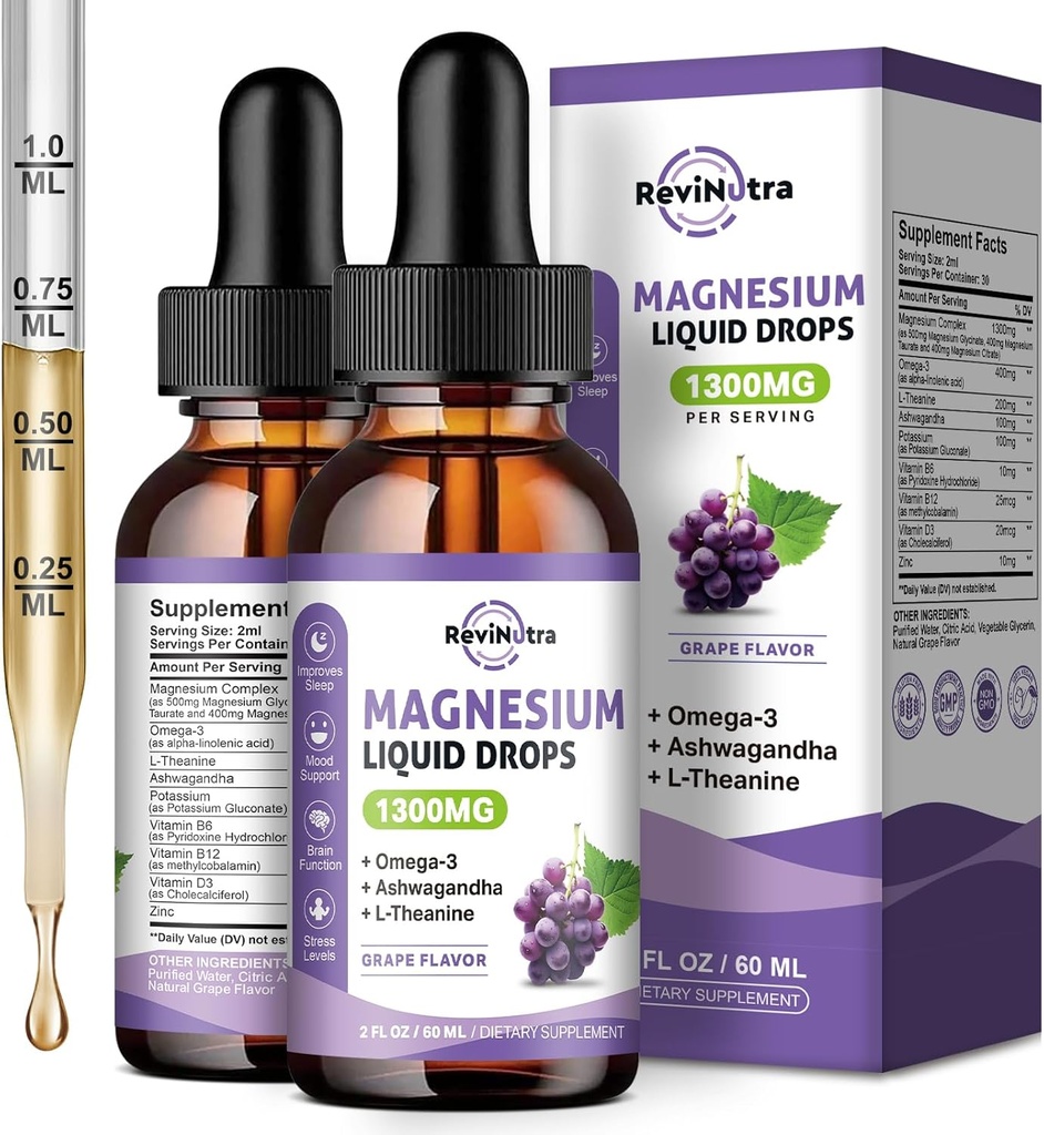 2 Pack Magnesium Liquid Drops, Calm Magnesium Glycinate Liquid Drops med Taurate & Citrate, kalium, Omega3, L-Theanine, Ashwagandha, D3, B6, B12 för sömn, Muscle, hjärta, sockerfri Grape smak
