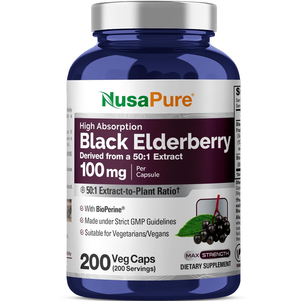 NusaPure Black Elderberry 50:1 Extract, 100 mg Equivalent till 5 000 mg per Veggie Capsules, 200 greve (Non-GMO, Bioperine) Sambucus Supplement