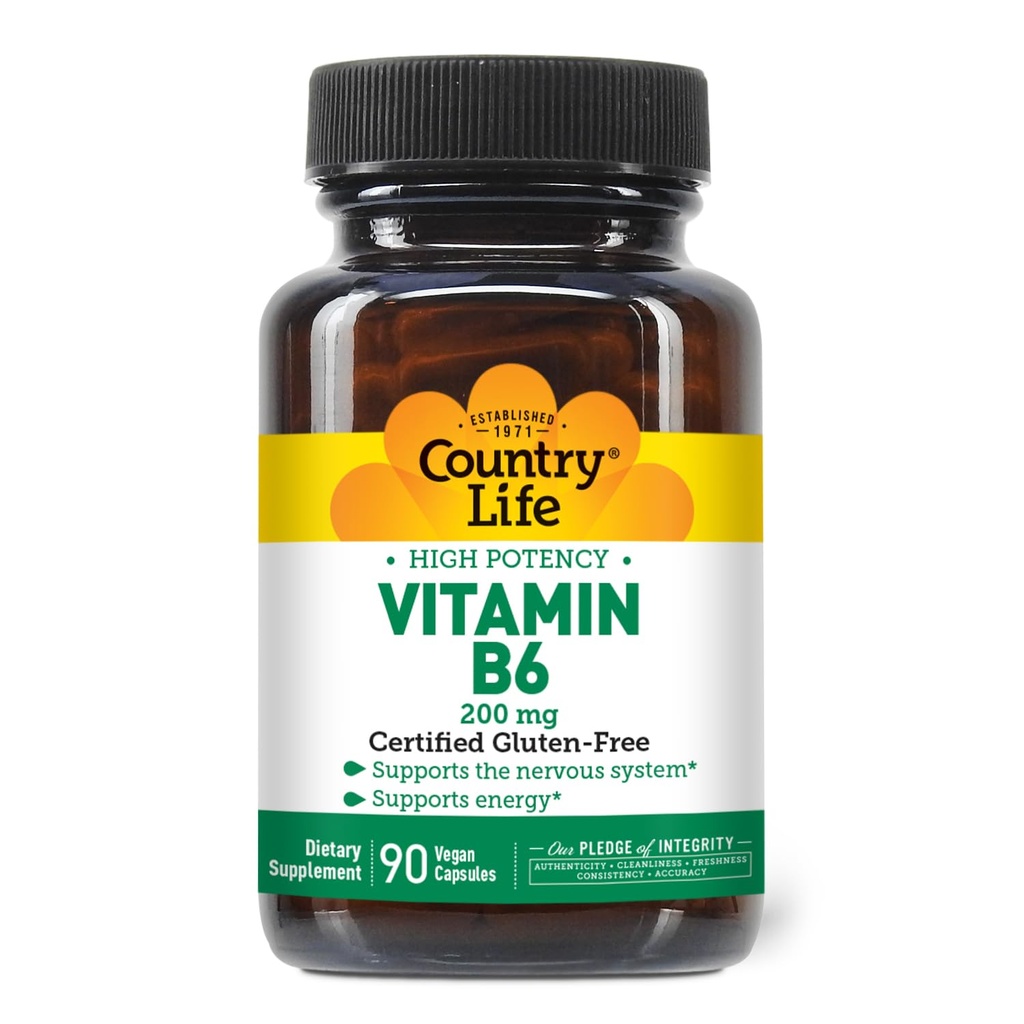 Country Life Vitamin B-6, High Potency, stöder energi och nervsystemet, 200mg, 90 Vegan Capsules, Certified Gluten Free, Certified Vegan, Certified Halalal.
