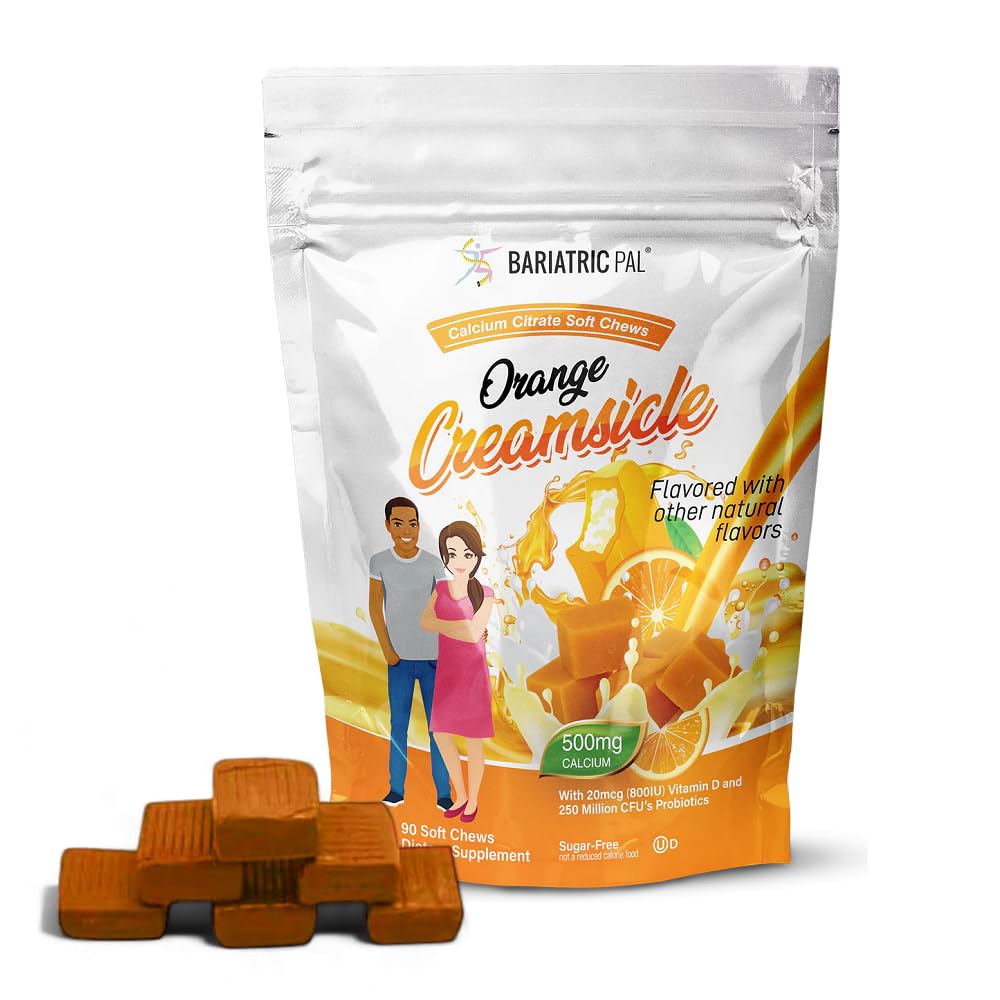 BariatricPal Sugar-Free Calcium Citrate Soft Chews | 500mg with Vitamin D & Probiotics | Orange Creamsicle | 90 Count (1 Month Supply)