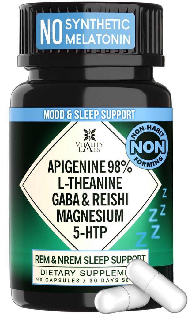 Natural Sleep Aid Supplement för vuxna utan Melatonin - Icke-Habit Forming Herbal Sleep - GABA, L-Theanine, Reishi Mushroom, Apigenin, Magnesium Glycinate, 5-HTP - 90 Vegan Capsules
