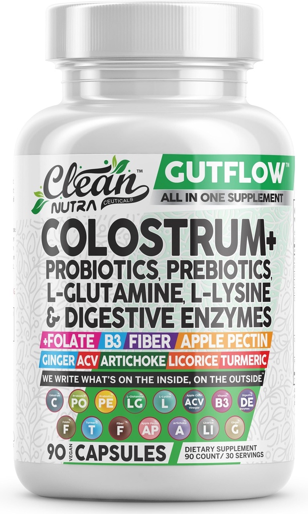 Clean Nutraceuticals Colostrum Supplement Capsules Probiotics Pills Prebiotics, L-Glutamine, Digestive Enzymes, Folate, Fiber, ACV, Turmeric, Apple Pectin och Turmeric Pills