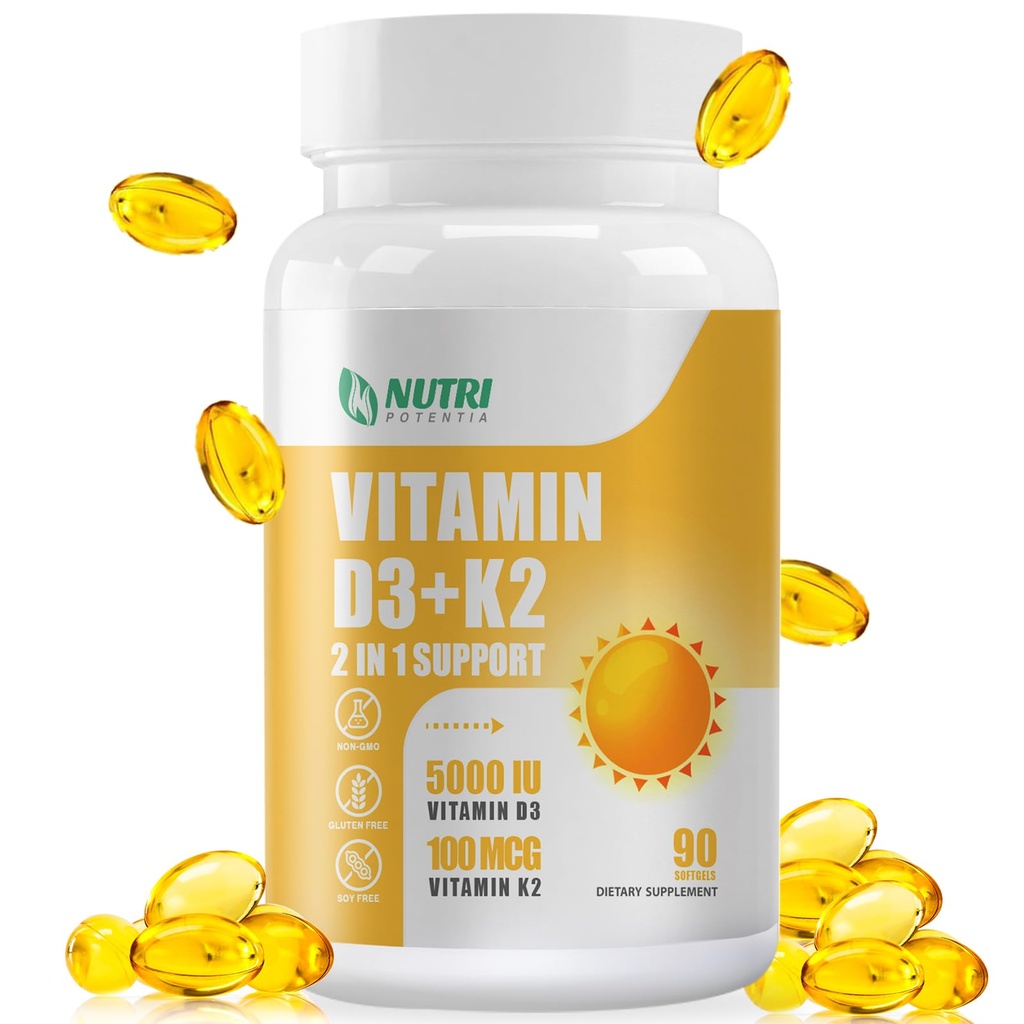 Vitamin D3 K2 Tillägg med MCT Oil, Vitamin D3 5000 IE och K2 100 mcg Softgel, Bone and Heart Health Support Supplement, Gluten Free - 90 Count Softgels