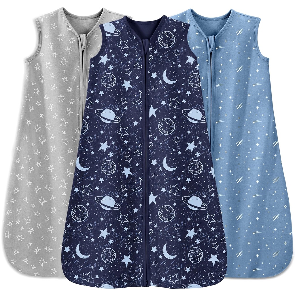 Baby Sleep Sack 12-18 Månader 3 Pack 100% bomullslätt 0,5 TOG Wearable Blanket Baby Sleep Bag med 2-Way Zipper för Spädbarn Blå