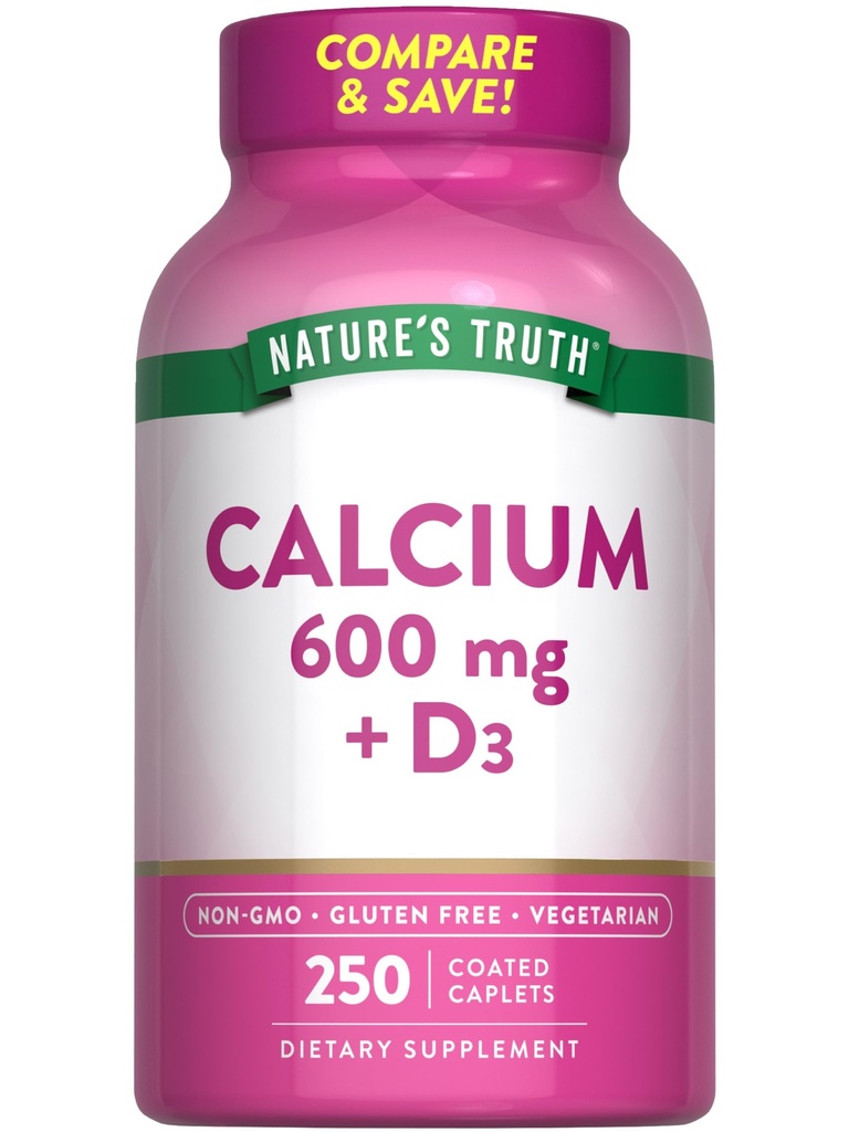 Naturens Sanning Kalcium 600mg med vitamin D3 | 250 Caplets | Kalciumkarbonat | Vegetarisk, icke-GMO & Gluten fri tillägg