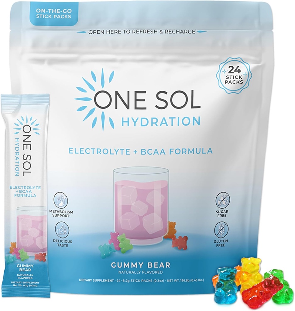 En Sol BCAA & Electrolyte Powder för Hydration & Energy, All-Natural Formel, 100% Vegan, icke-GMO, Gluten Free & Soy-Free, främjar muskeltillväxt och återhämtning, Gummy Björn smak