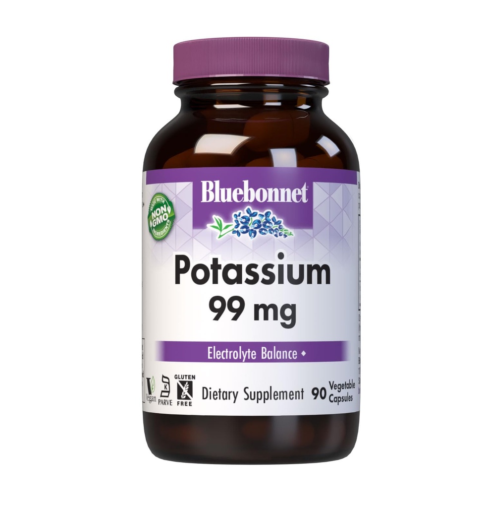 Bluebonnet Potassium Supplement Aspartate 99mg Essential Mineral Supplements for Electrolyte Balance - Non-GMO, Vegan, Kosher Certified, Gluten-Free, Soy-Free, Dairy-Free - 90 Veggie Capsules