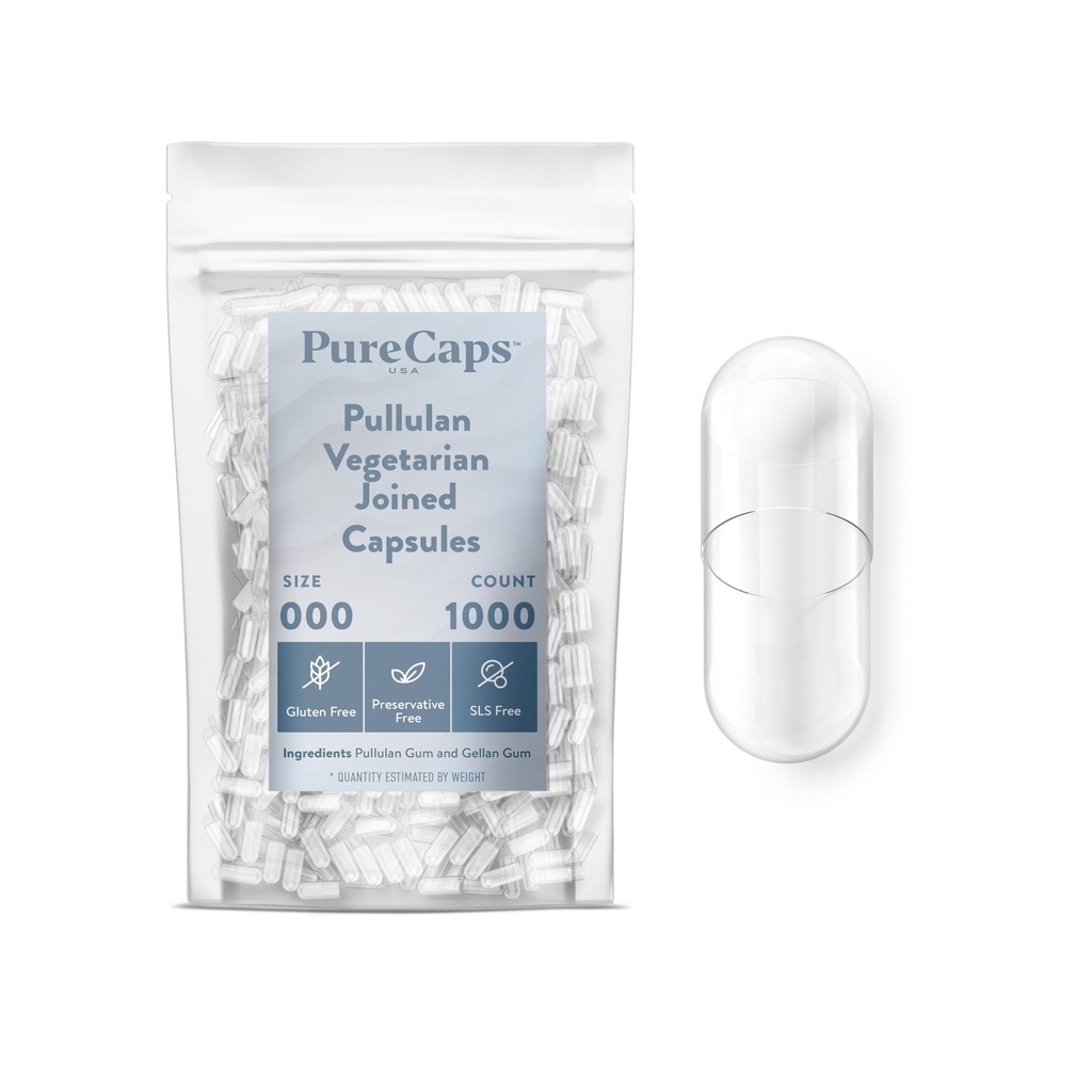 PureCaps USA - Empty Vegetarian Vegan Pullulan Pill Capsules Size 000 | Joined Pills| Clear| Non-GMO Certified | SLS, Gluten, Preservative Free