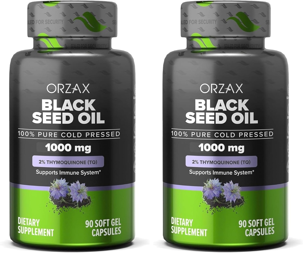ORZAX Black Seed Oil 1000 mg Organic Cold Pressed Capsules for Hair, Skin och Joints - Rich in Omega 3 6 9 - Non-GMO, Gluten Free - (90 Soft Gel Capsules) (Pack of 2)