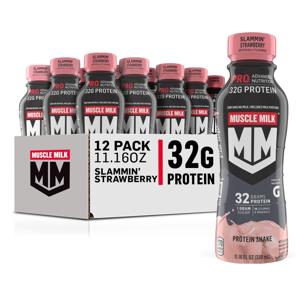 Muscle Milk Pro Advanced Nutrition Protein Shake, Slammin' Strawberry, 11.16 Fl Oz (Pack of 12), 32g Protein, 1g Sugar, 16 Vitaminer & Mineraler, 5g Fiber