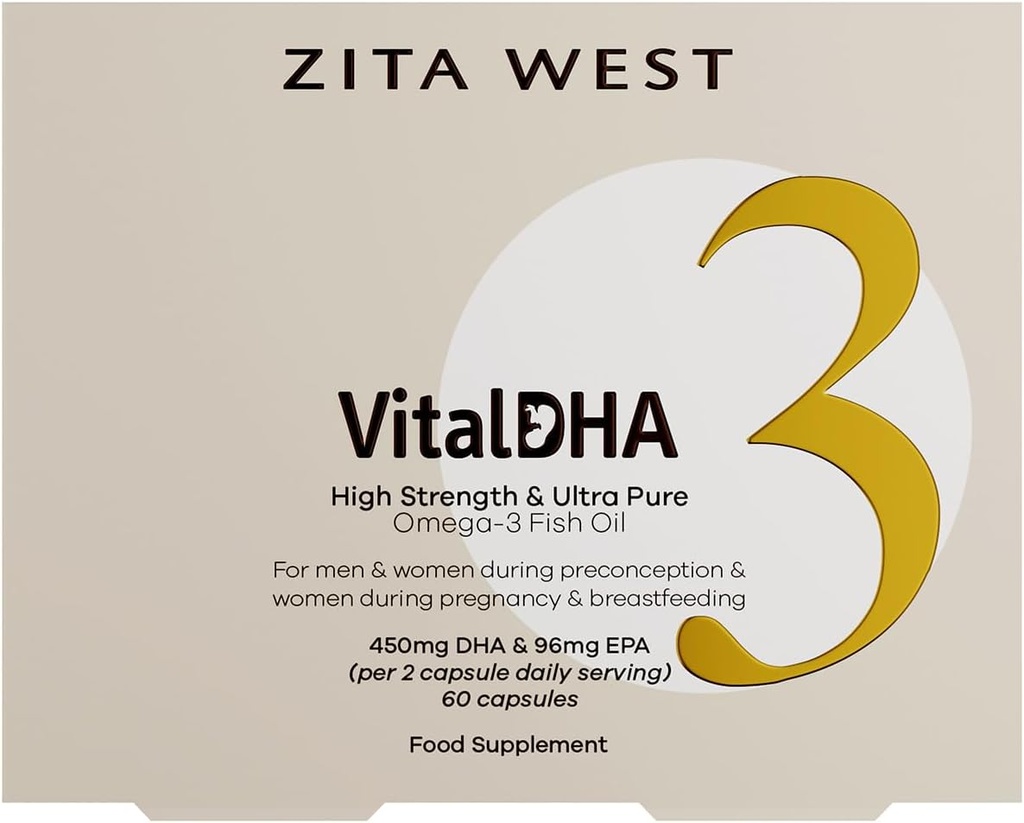 Zita West Vital DHA - Prenatal DHA och EPA med Zink för fertilitet, graviditet och amning - Omega 3 för hjärnutveckling - 60 kapslar (1 månads leverans)