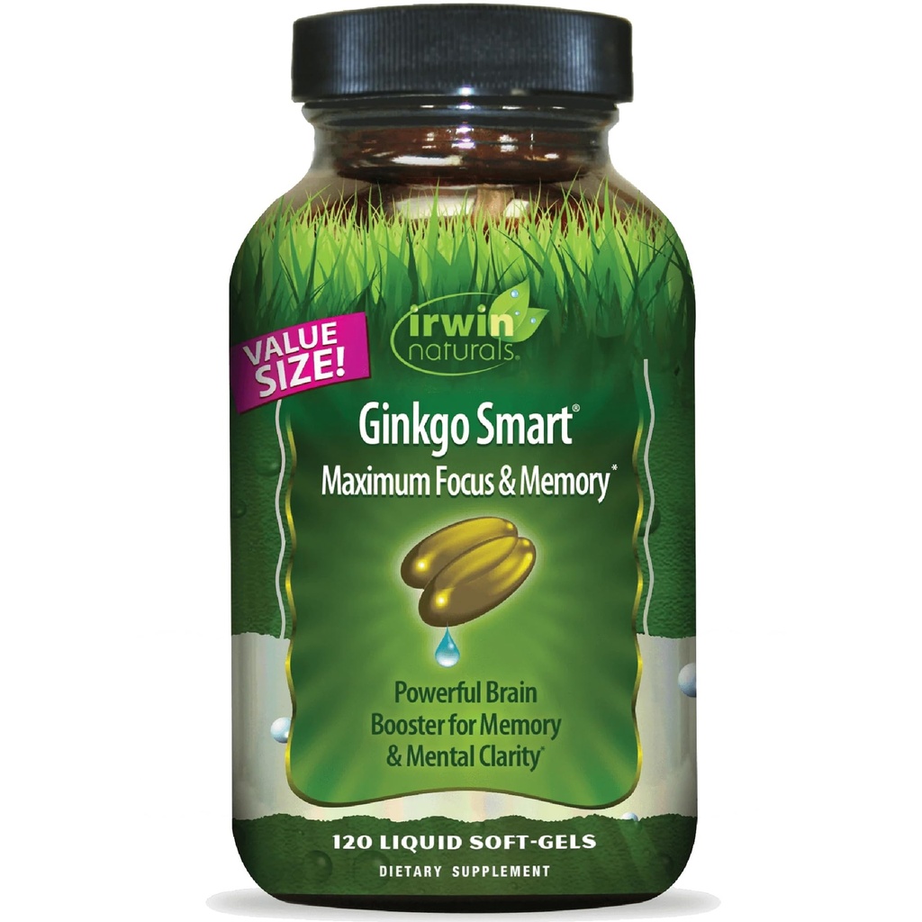Irwin Naturals Ginkgo Smart Powerful Nootropic Brain Booster - Stöder maximalt minne, fokus och mental klarhet med DMAE, Clubmoss, Choline & Acetyl L-Carnitine - 120 Liquid Softgels