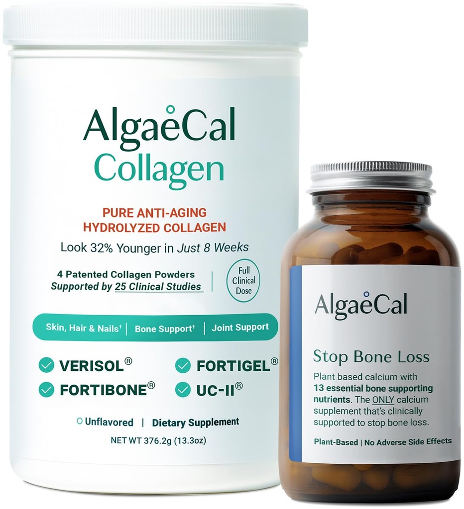 ALGAECAL Calcium & Collagen Bundle - Hydrolyserad Collagen komplett med kliniskt stödd Verisol, Fortibone & Fortigel, Plus 13 Ben som stöder mineraler och vitamin D3 för benhälsa och anti-aging