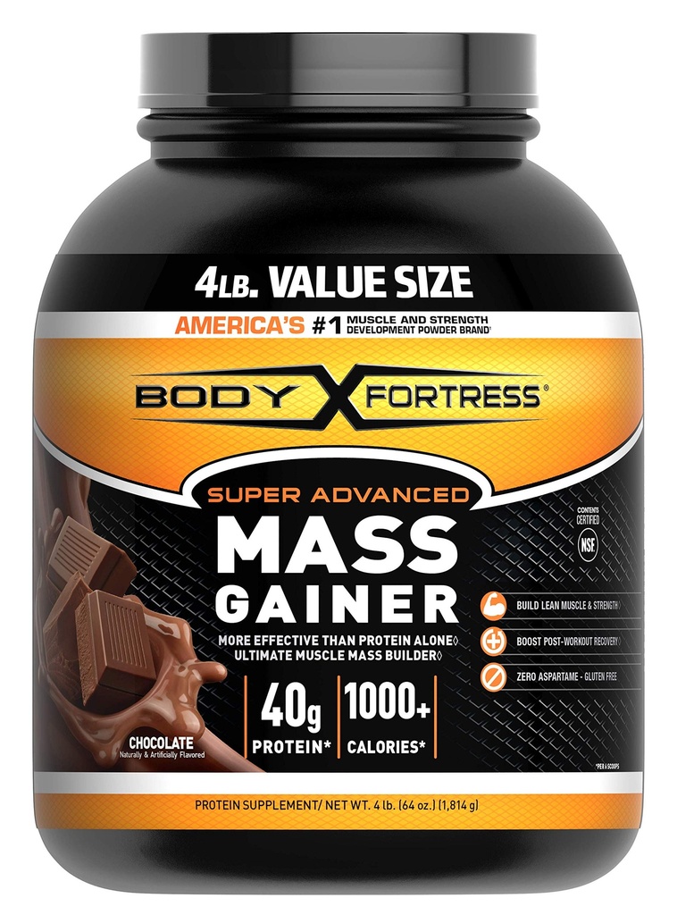 Kroppsfästning Super Advanced Mass Gainer, Chocolate Protein Plus-överskottskalorier för muskelmassa Få stöd 1-4lb. Jar Jar