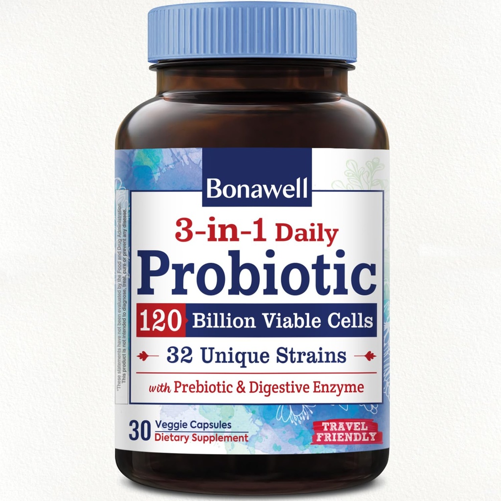 Bonawell Probiotics 120 miljarder CFU 32 stammar med prebiotika, Digestive Enzymes for Gut Health, 3-i-1 Daily Probiotic, Shelf-Stable, Delayed-Release, 30 Veggie Caps