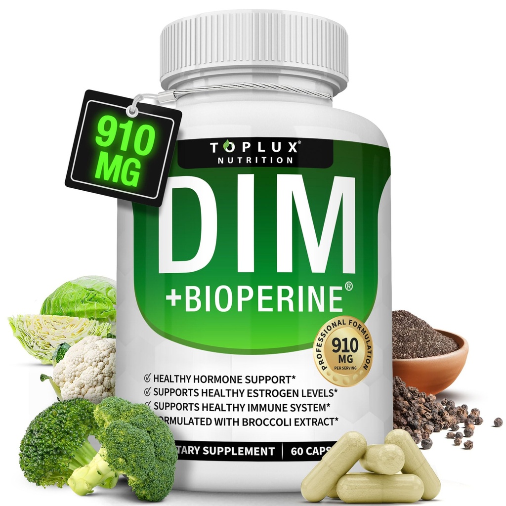 Dim Supplement 910 mg Plus BioPerine Complex - Diindolylmetan för att stödja hormonbalans och östrogenmetabolism, hjälper till med klimakteriet Acne PCOS bättre hud bodybuilding, för män kvinnor, 60 kapslar