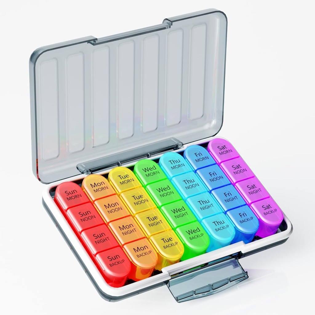 Zoksi Moisture-Proof Weekly Pill Organizer 4 gånger om dagen, 7 Day Pill Box 4X per dag, en veckas Travel Pill Case med 28 Portable Compartments, Medicine Container för vitaminer, kosttillskott eller medicinering
