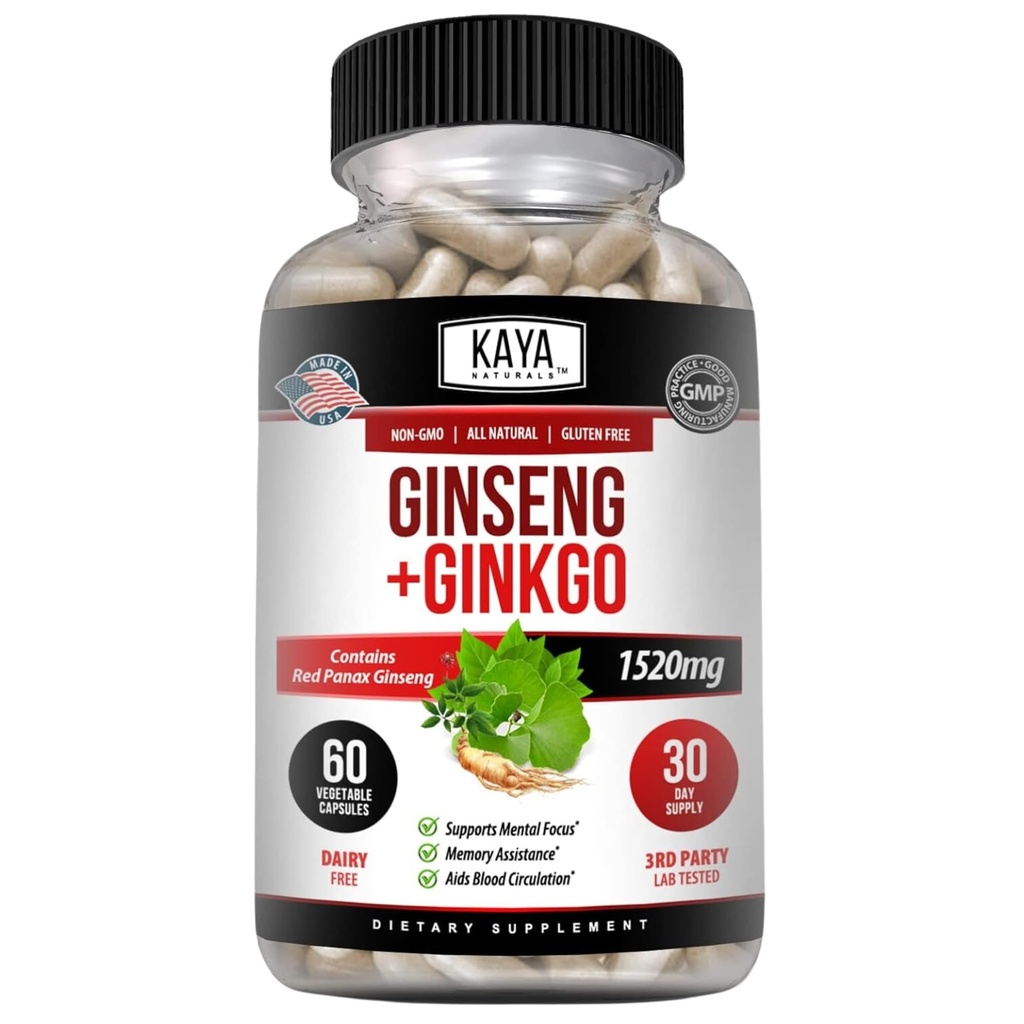 Kaya Naturals Red Panax Ginseng + Ginkgo Biloba - Nootropic Brain Supplement - Kognitiv och koncentrationsstöd - Brain Booster, Focus och Memory Supplement - 60 kapslar