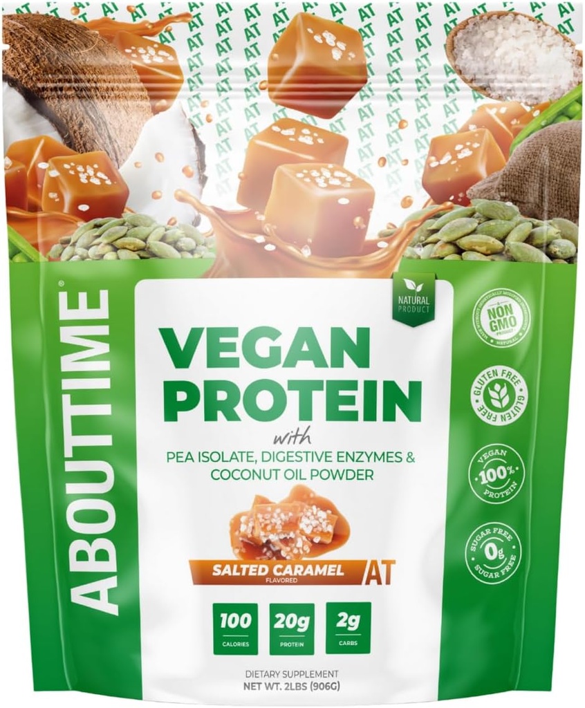 Om tid Vegan proteinpulver 20g saltad karamell, naturliga ingredienser, icke-GMO, växtbaserad, glutenfri, sojafri, mejerifri, 32 portioner