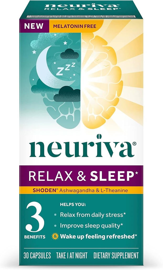 NEURIVA Melatonin gratis naturligt sömnhjälpstillägg med L-Theanin för att hjälpa dig att slappna av och Ashwagandha för att stödja återställande sömn så att du kan vakna känner sig uppdaterad, 30ct kapslar