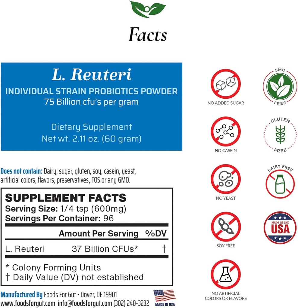 Lactobacillus Reuteri Probiotic Powder 75 miljarder cfu | Made in USA | No Additives | Direkt från tillverkare | Ingen tredjepartsförvaring | Digestive & Immune Support | L. Reuteri | 60 Grams (2.11 OZ)