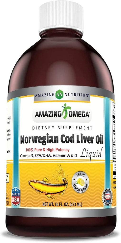 Fantastisk Omega Norwegian Liquid Fish Oil | 16 Oz | 1625Mg Omega -3s, DHA, EPA per portion | Färsk Lemon Flavor | Non-GMO | Gluten-Free | Made in USA