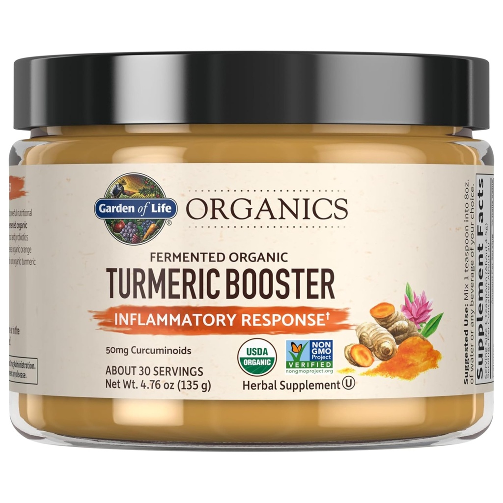 Garden of Life Organics Turmeric Booster Inflammatory Response Powder - 30 Servings, 50mg Curcumin (95% Curcuminoids) & Probiotics, Organic Non-GMO Vegan & Gluten Free Herbal Supplements