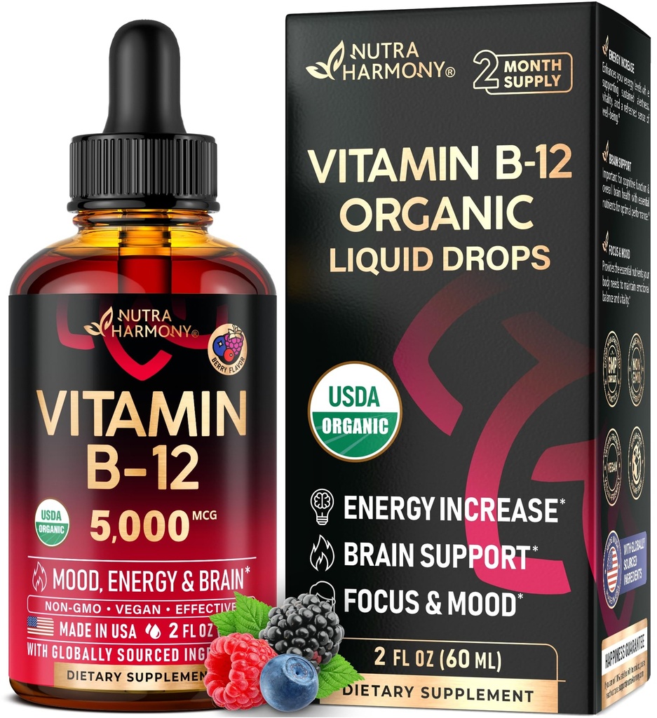 USDA Organic Vitamin B12 Sublingual Drops - 5000 mcg Liquid Vegan Methylcobalamin för kvinnor och män - Energiökning, Fokus och humör, Hjärnhälsostöd - Maximera Absorption - 2 Månadsförsörjning, 2 fl oz