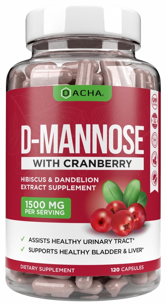 Naturliga D-Mannose kapslar 4-i-1 Formel - 120 CAPS, 1500 MG Cranberry, Dandelion, Hibiscus Flower Extract, piller för att stödja blåsa och urinvägar hälsa