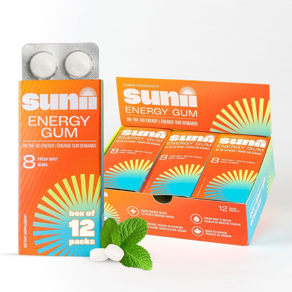 Sunii - Energy Gum - NEW Quick Boost Energy & Focus - 50mg Caffeine Gum -Vitamin B6 & B12, Taurine, Vegan, No Sugar, Zero Calorie, Fresh Mint Taste - Snabbare än Chews, Drinks, Gels & Pills (96pcs)