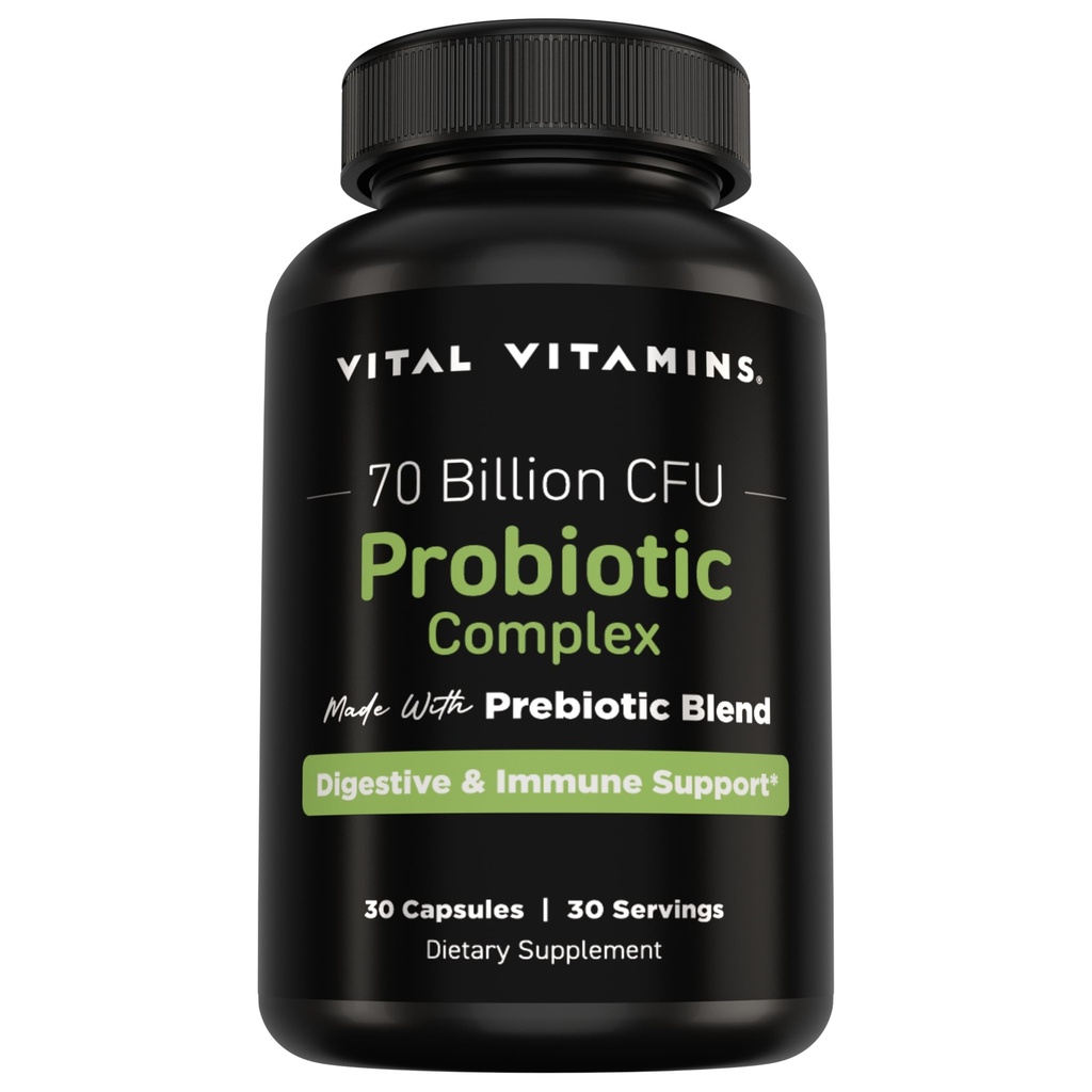 Vital Vitamins Probiotic Complex för Män & Kvinnor - 70 miljarder CFU - Made with Prebiotic Blend - Digestive, Gut Health & Immune Support - Kraftfullt Blend på 10 Stammar - 30 kapslar