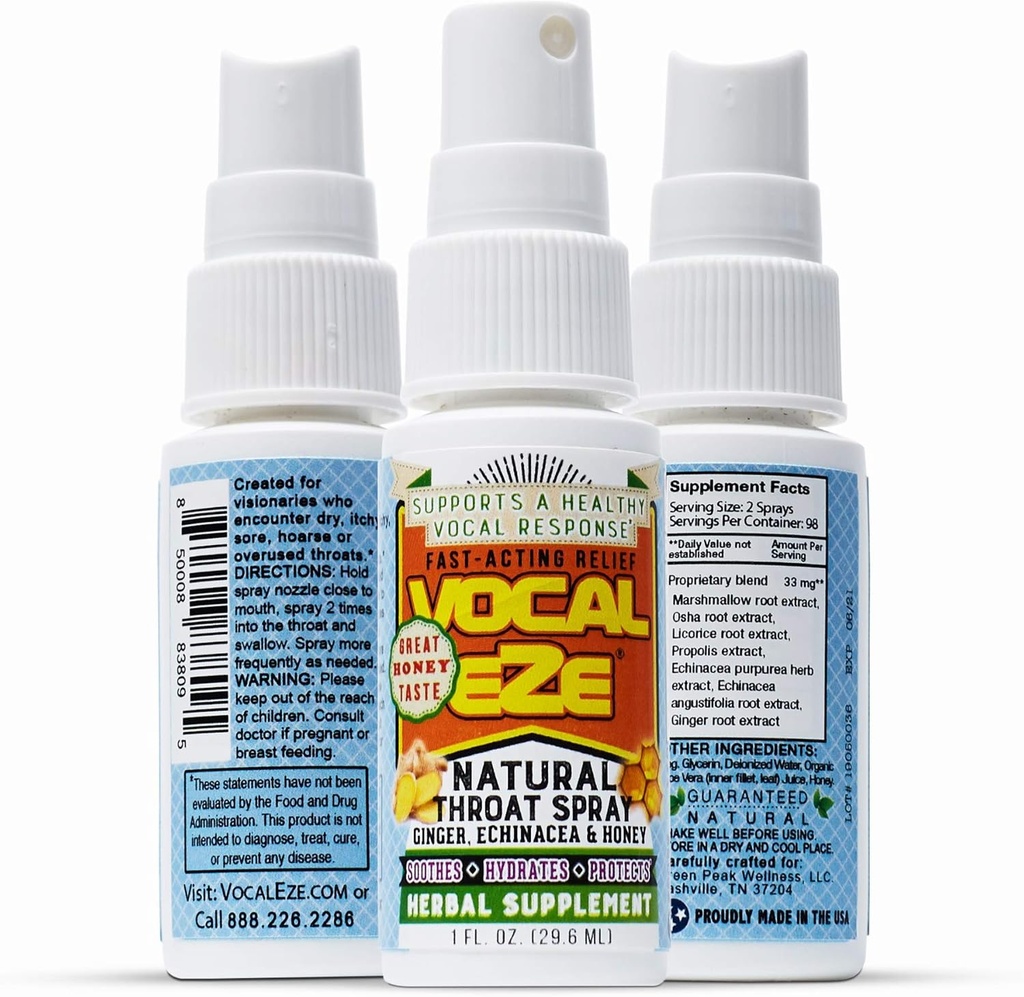 Vocal Eze Throat Spray | Relieve Sore, Hoarse, Fatigue, Dryness of Throat | Herbal Immune Support, alla naturliga ingredienser (1)