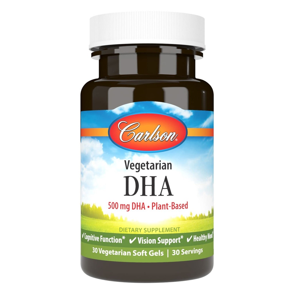 Carlson - Vegetarisk DHA, 500 mg DHA, växtbaserad, hållbart källad från Alger, hjärnstöd, humörhälsa, 30 Softgels