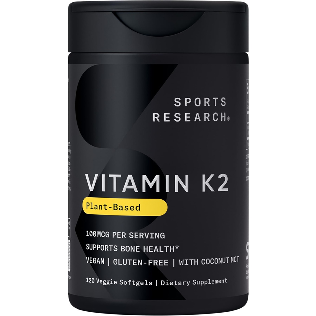 Sports Research Vitamin K2 som MK-7 100mcg med Coconut MCT Oil - 120 Veggie Softgels (4 månaders leverans) Vegan Certified, Non-GMO Verified, Gluten & Soy Free