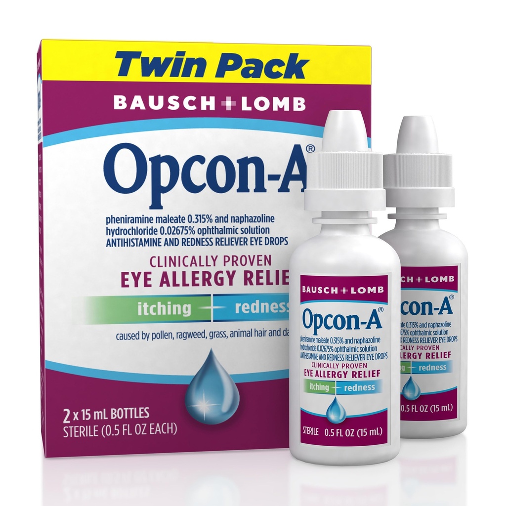 Opcon-A Allergy Eye Drops, Antihistamine and Redness Relief for Itchy, Red Eyes, Soothes Irritation from Pollen, Ragweed, Grass, Animal Hair and Dander Clinically Proven Formula, 0.5 Fl Oz (Pack of 2)