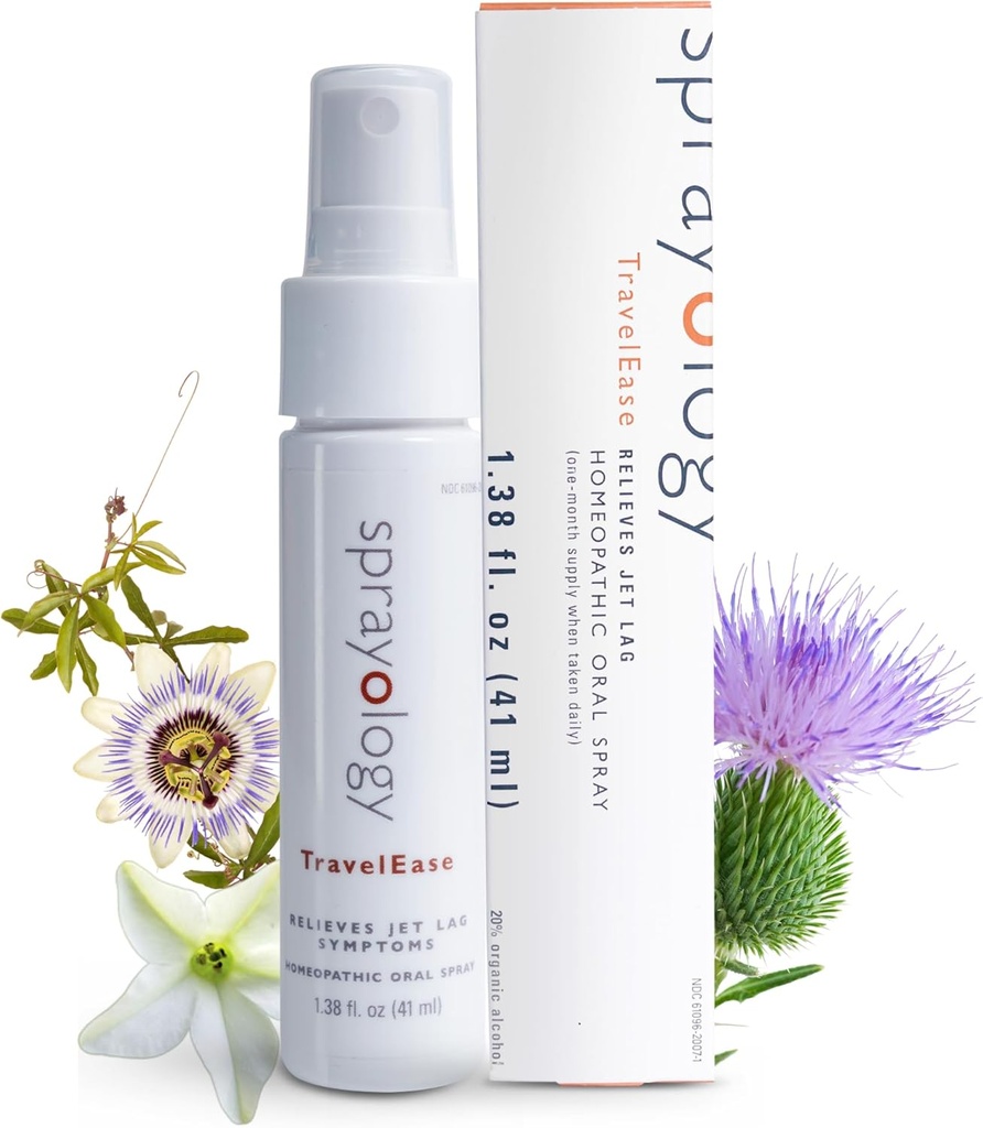 Sprayology TravelEase | Homeopatisk Jet Lag Relief Spray | underlättar trötthet, sömnlöshet, disorientering och uttorkning | Oral Spray med Nux Vomica, Passionflower & Milk Thistle (1,38 fl oz)