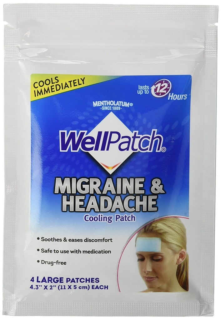 WellPatch Migraine & Headache Cooling Patch - Drug Free, varar upp till 12 timmar, säker att använda med medicinering - Stora fläckar (4 stora fläckar), varje 4,3 x 2 i