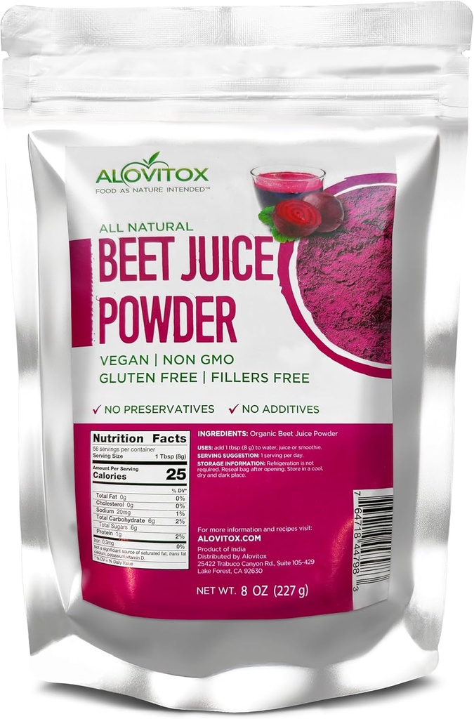 Alovitox Organic Beet Juice Powder | 100% Pure, Fresh & USDA Beet Juice Extract Powder | Nitric Oxide Superfood | Vegan, Non - Gmo & Gluten-Free | Support Energised och effektiv träningssession (8 oz)