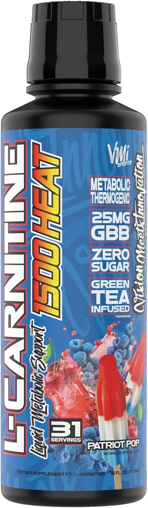VMI Sports L-Carnitine 1500 Heat Liquid Förbättrad termogen | 1500 mg karnitin | Maximal Absorption Formel | Stor smak för män och kvinnor | 31 portioner (Patriot Pop)