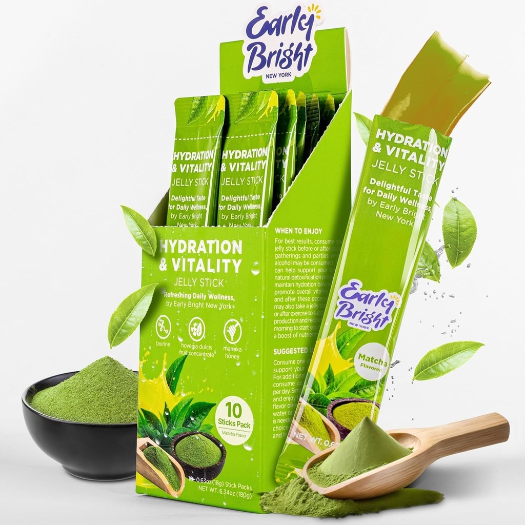 Jelly Sticks - Matcha-Flavored för bättre morgon efter att ha druckit, leverstöd och vitalitet med Taurin & DHM, Känn dig uppdaterad och energisk, 18gX10ea