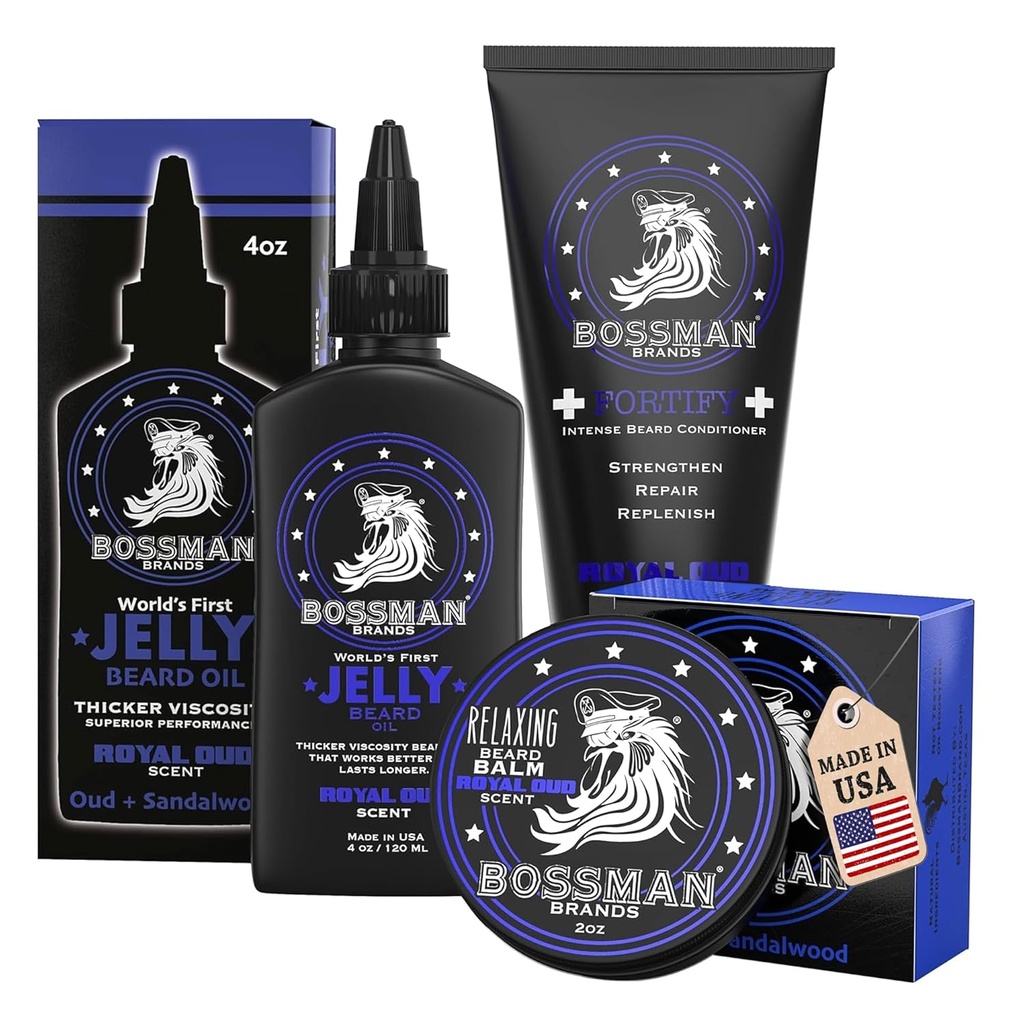 Bossman Essentials Beard Kit för män, Set of 3 - Beard Oil Jelly, Fortifying Conditioner Cream, Beard Balm - Grooming Grooming Growth Care Tillbehör - Present Set för Män (Royal Oud)